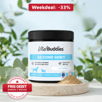 Gezond Gebit van VitalBuddies op een stenen podium tussen eucalyptus, met weekdeal -33% en de badge Fris gebit binnen 2 weken, goedgekeurd door baasjes